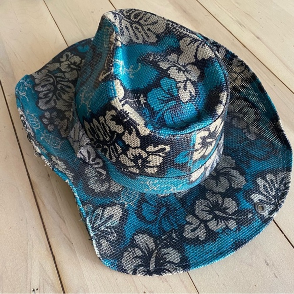 Peter Grimm. Cowboy style hat with teal floral, pocket inside hat‎ size 24”